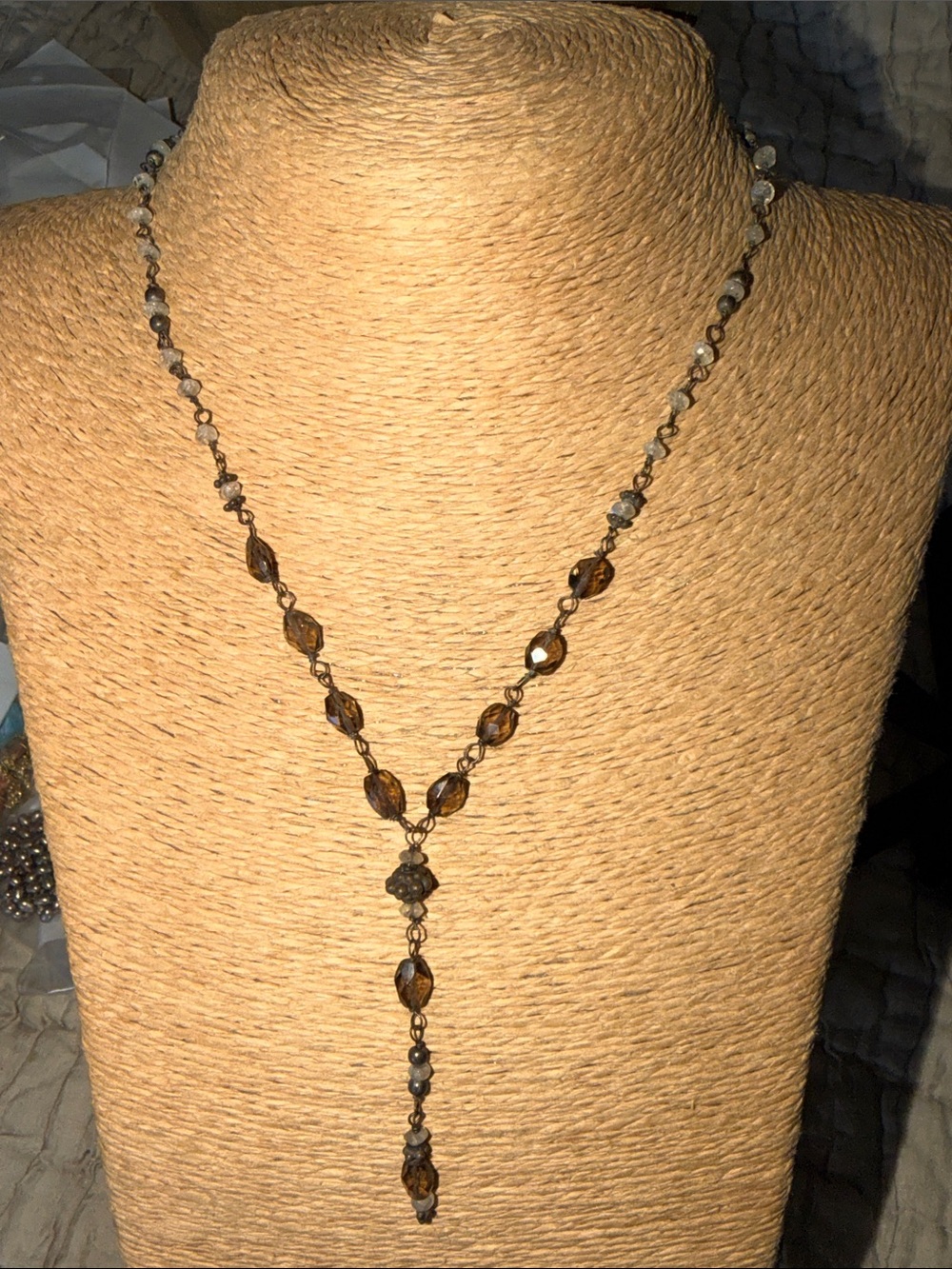 smoky topaz gem stones sterling silver oxidized hematite and crystal  Y necklace